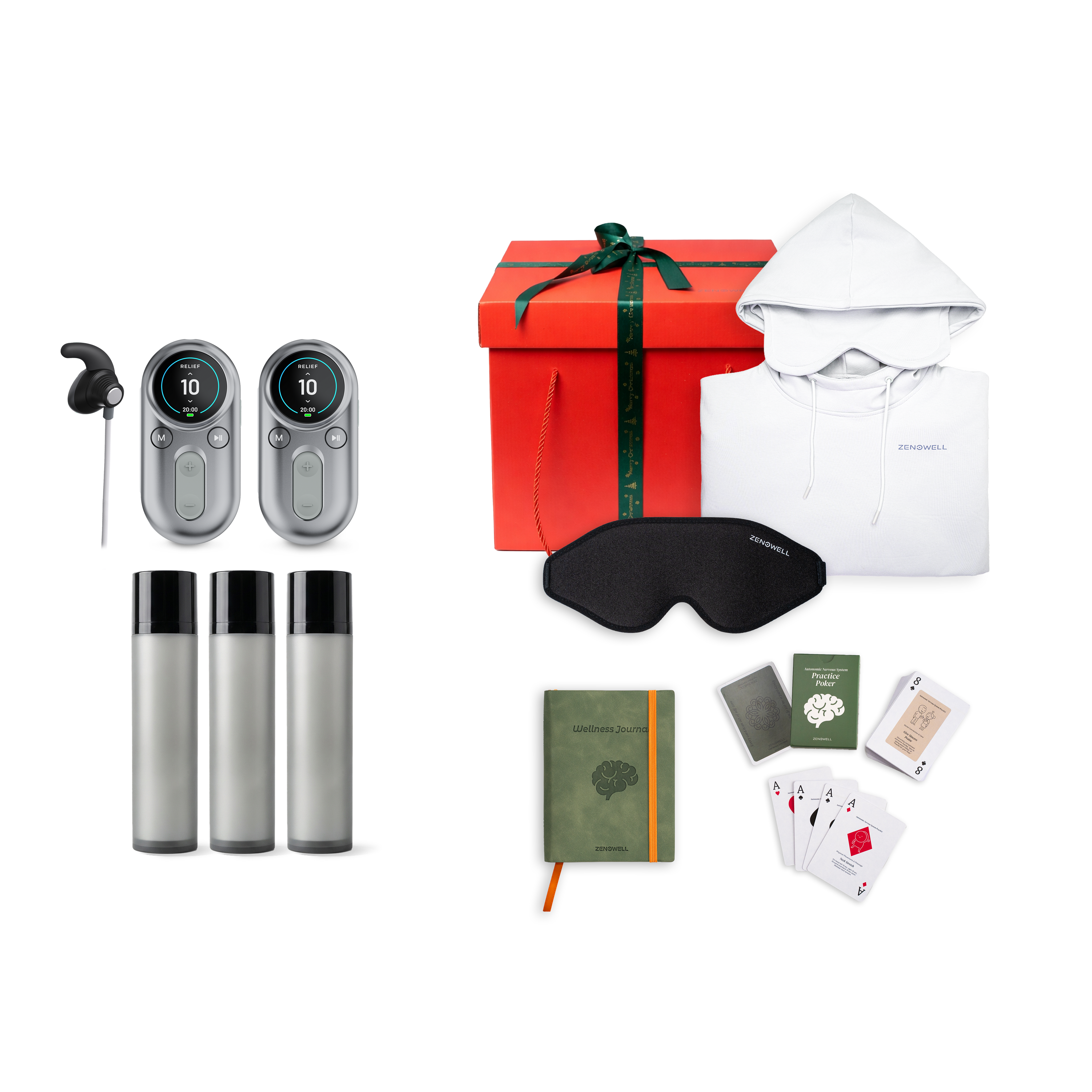 ZenoWell support pack including the gift set featuring the 2 LUNA tavns devices, three gel, a hoodie, Eye Mask, Wellness Journal, Relaxation Cards, and a gift box, all designed to support relaxation, stress relief, and well-being through transcutaneous auricular vagus nerve stimulation (taVNS)