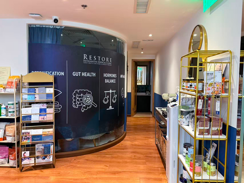 Restore Integrative Medical Clinic interior, showing wellness products and focus areas