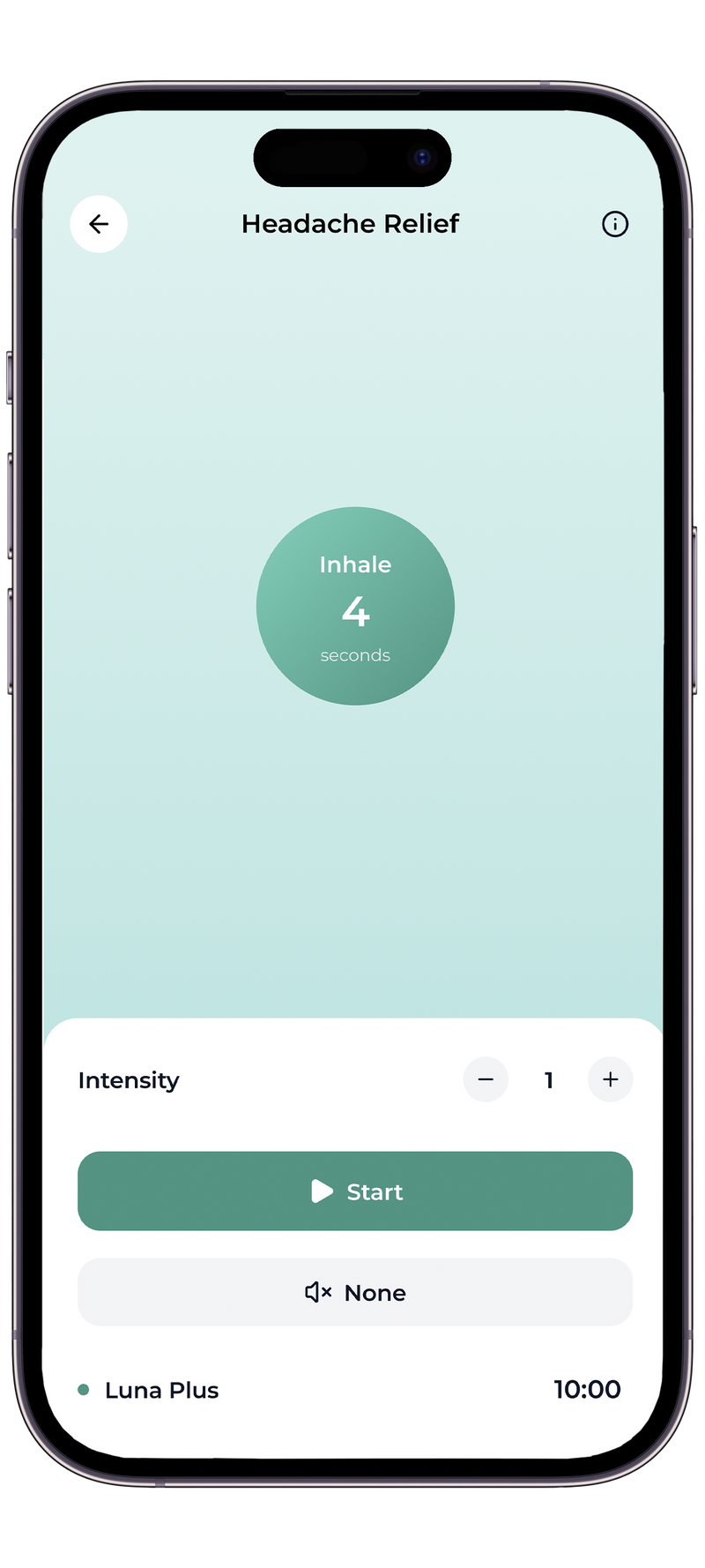 ZenoWell app's Headache Relief feature showing inhale exercise with adjustable intensity and time settings for personalized pain relief.