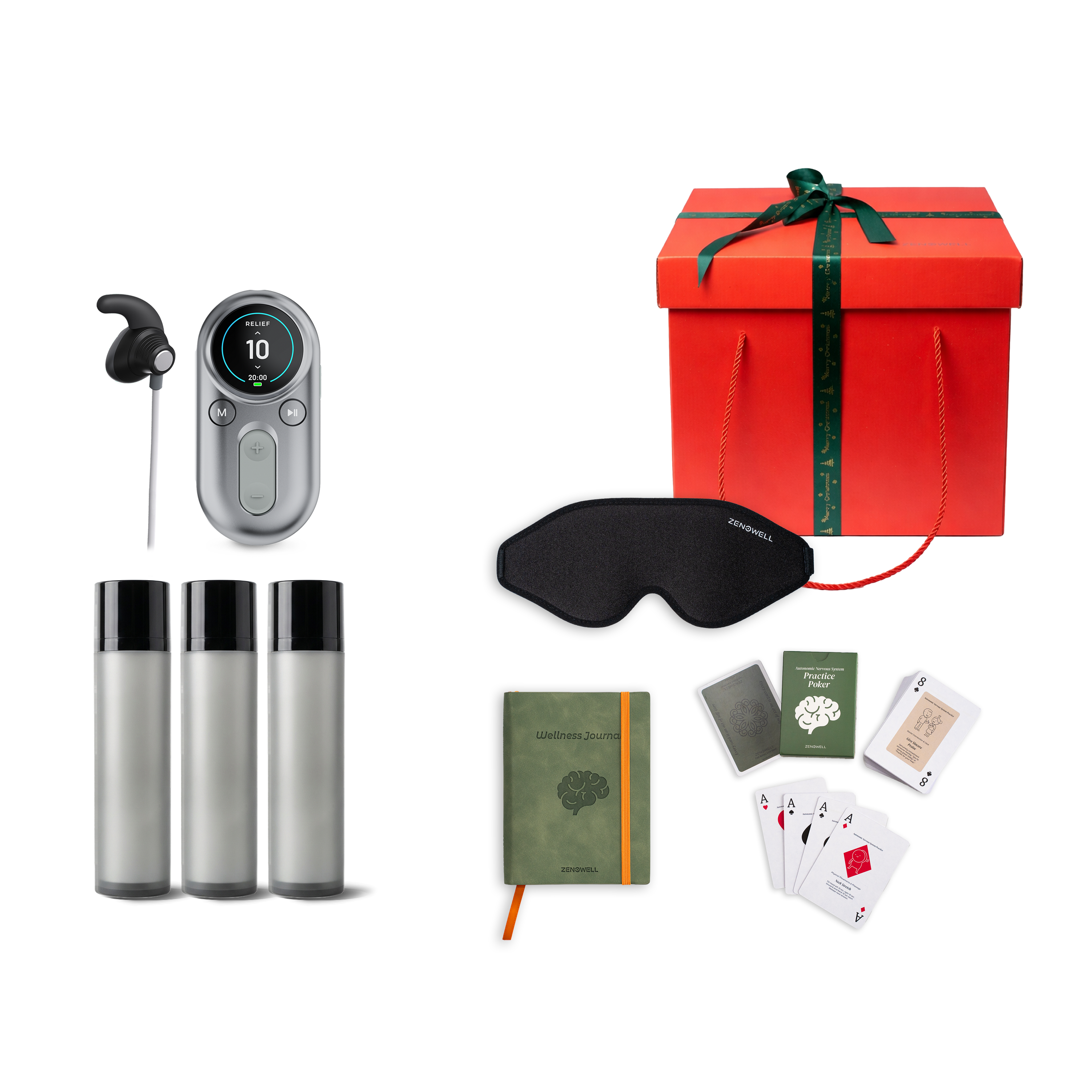 ZenoWell support pack including the gift set featuring the LUNA tavns device, three gel, Eye Mask, Wellness Journal, Relaxation Cards, and a gift box, all designed to support relaxation, stress relief, and well-being through transcutaneous auricular vagus nerve stimulation (taVNS)