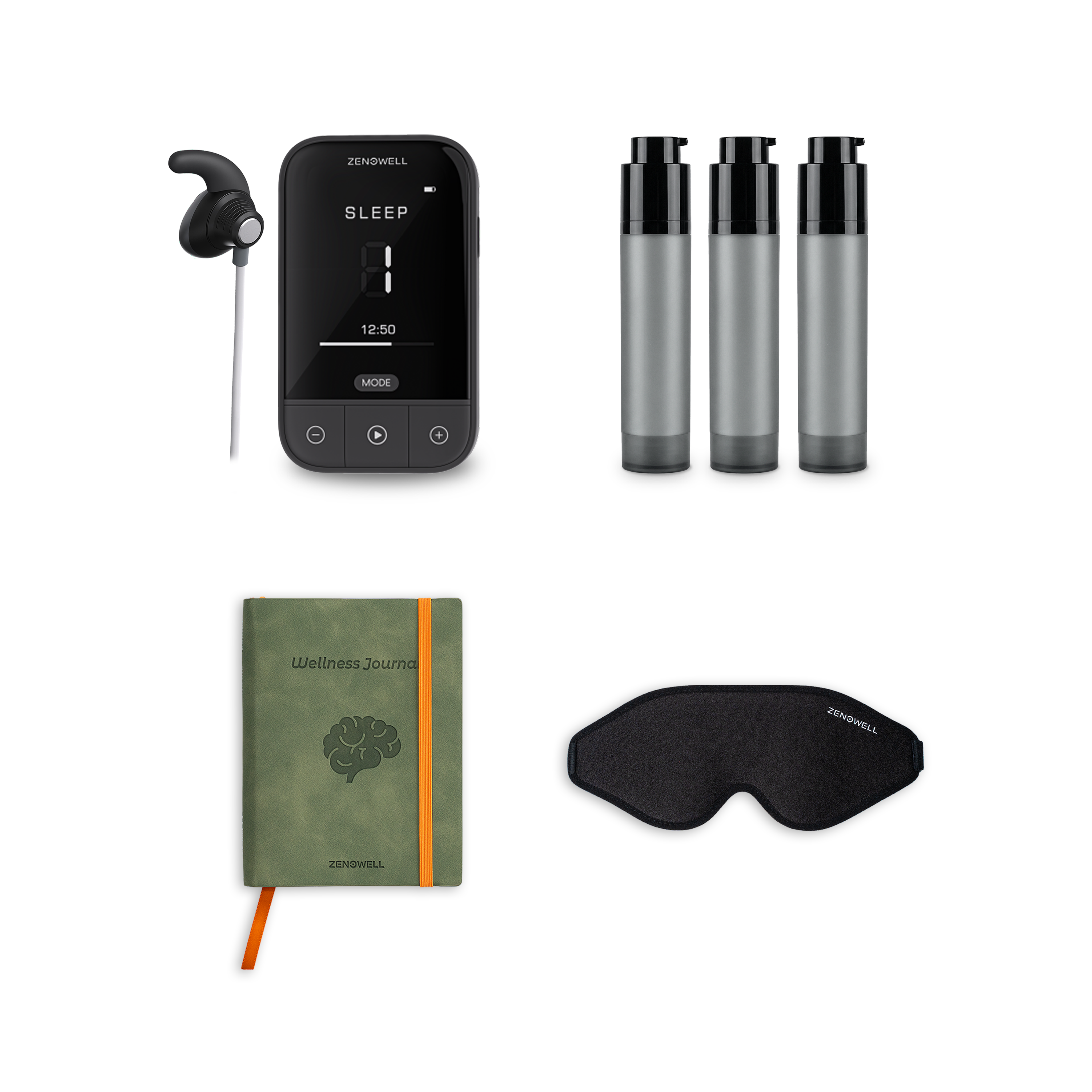 ZenoWell support pack including the gift set featuring the VITA  tavns device, three gel, Eye Mask, Wellness Journal, all designed to support relaxation, stress relief, and well-being through transcutaneous auricular vagus nerve stimulation (taVNS)