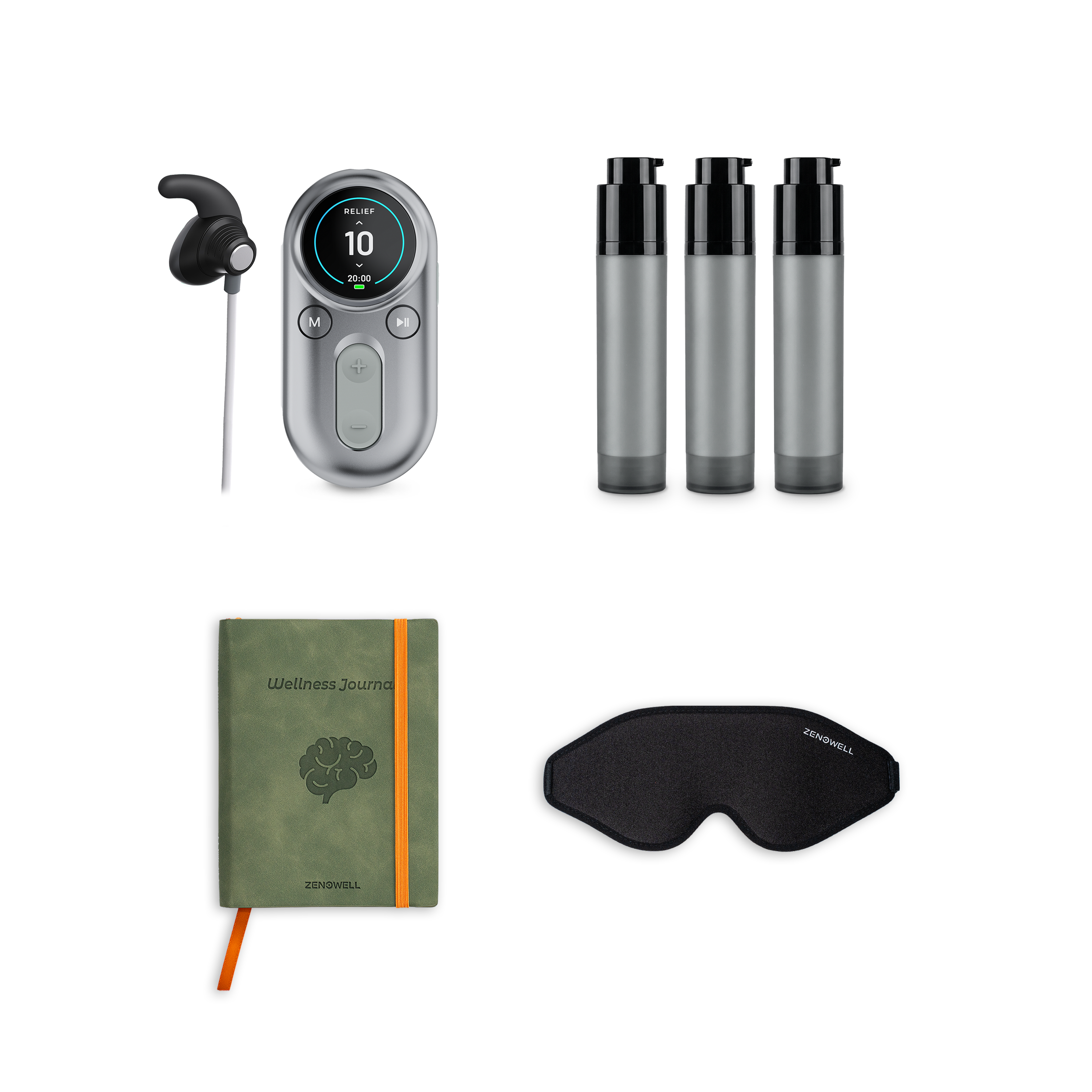 ZenoWell support pack including the gift set featuring the LUNA tavns device, three gel, Eye Mask, Wellness Journal, all designed to support relaxation, stress relief, and well-being through transcutaneous auricular vagus nerve stimulation (taVNS)