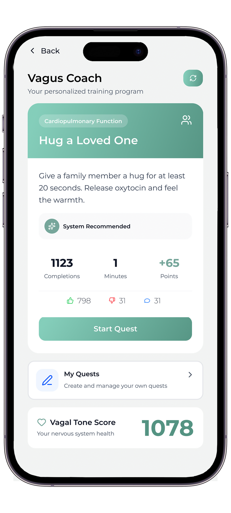 ZenoWell Vagus Coach app interface showing personalized training program for improving vagal tone, with a recommended exercise to hug a loved one for emotional and cardiovascular health.