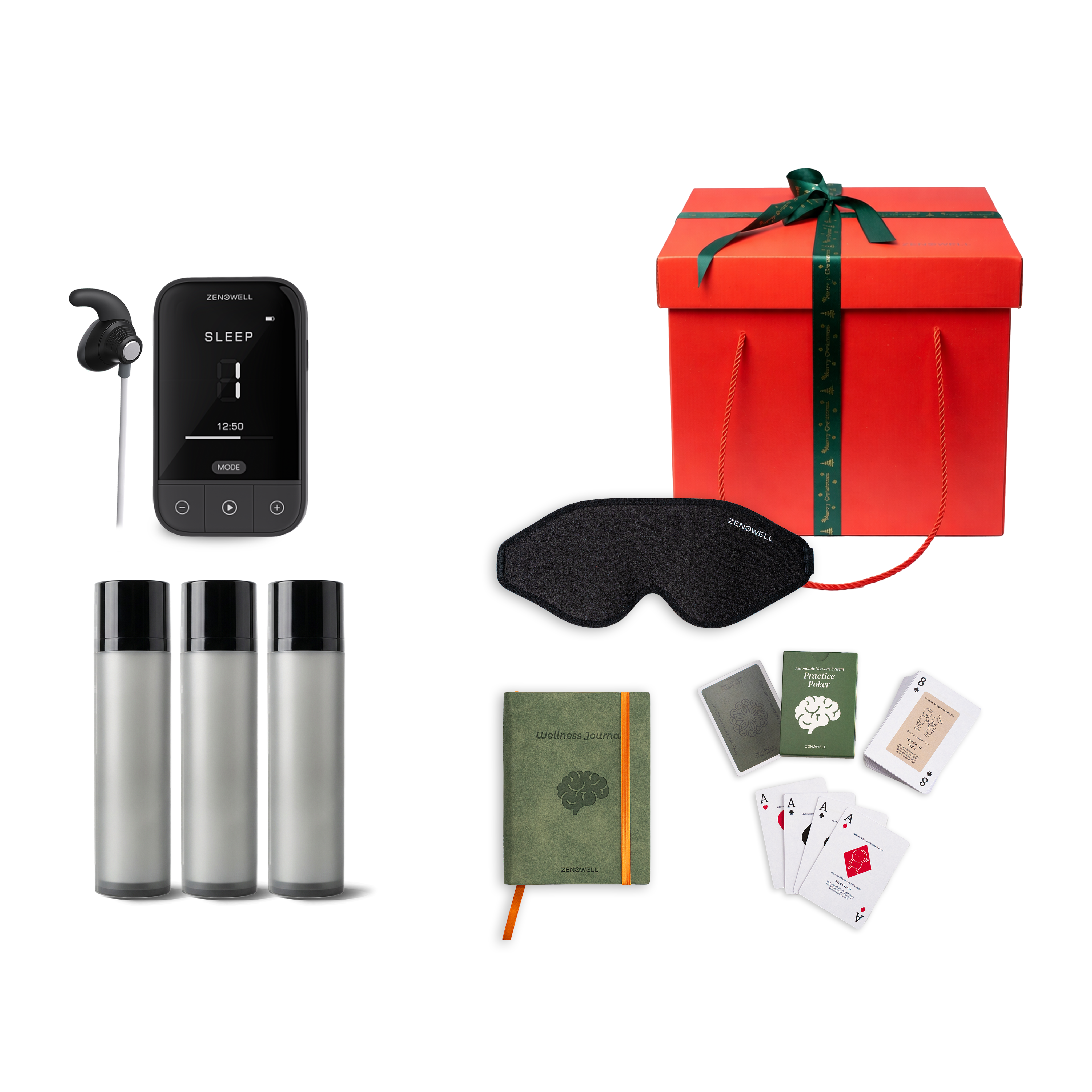 ZenoWell support pack including the gift set featuring the VITA  tavns device, three gel, Eye Mask, Wellness Journal, Relaxation Cards, and a gift box, all designed to support relaxation, stress relief, and well-being through transcutaneous auricular vagus nerve stimulation (taVNS)