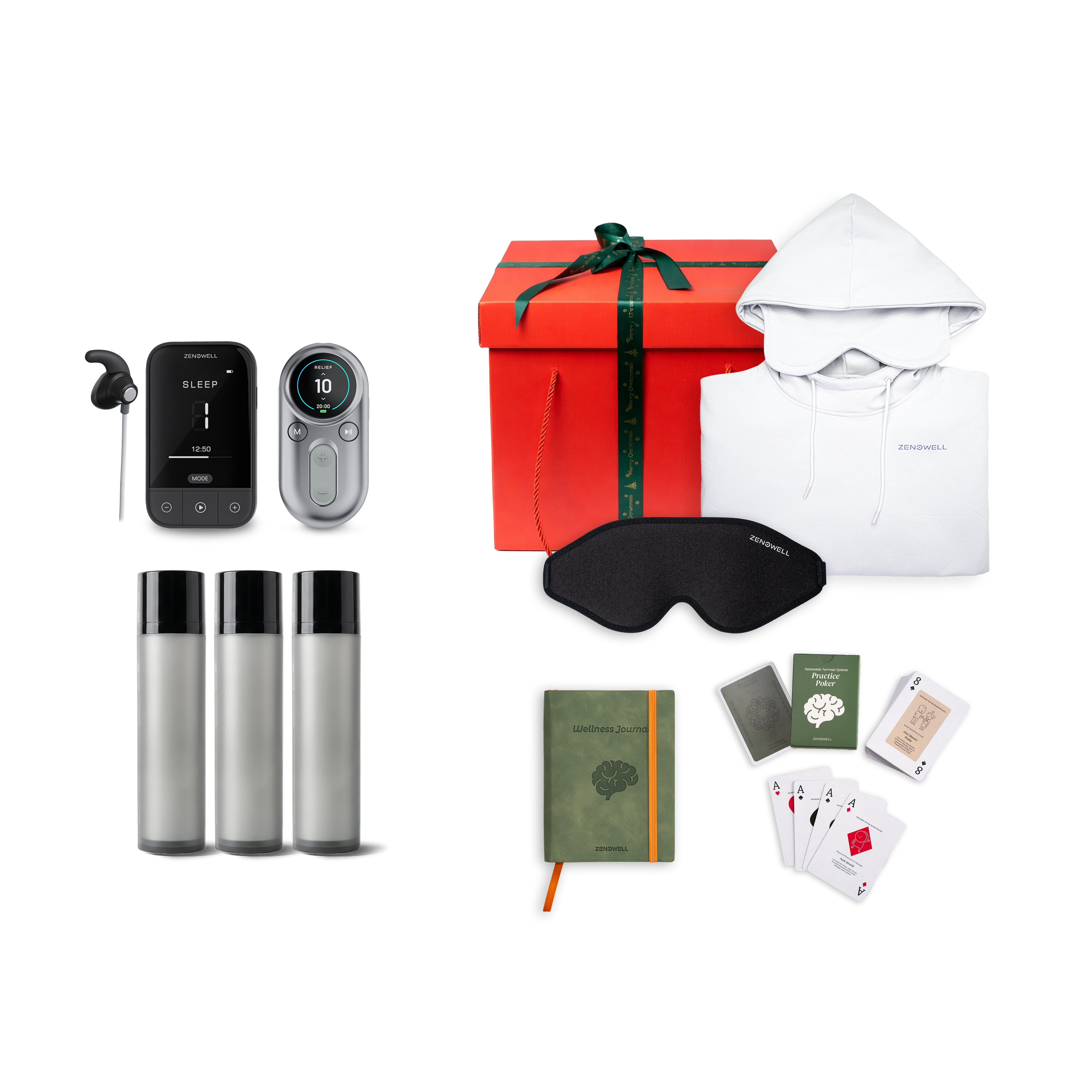 ZenoWell support pack including the gift set featuring the VITA and LUNA tavns device, three gel, a hoodie, Eye Mask, Wellness Journal, Relaxation Cards, and a gift box, all designed to support relaxation, stress relief, and well-being through transcutaneous auricular vagus nerve stimulation (taVNS)
