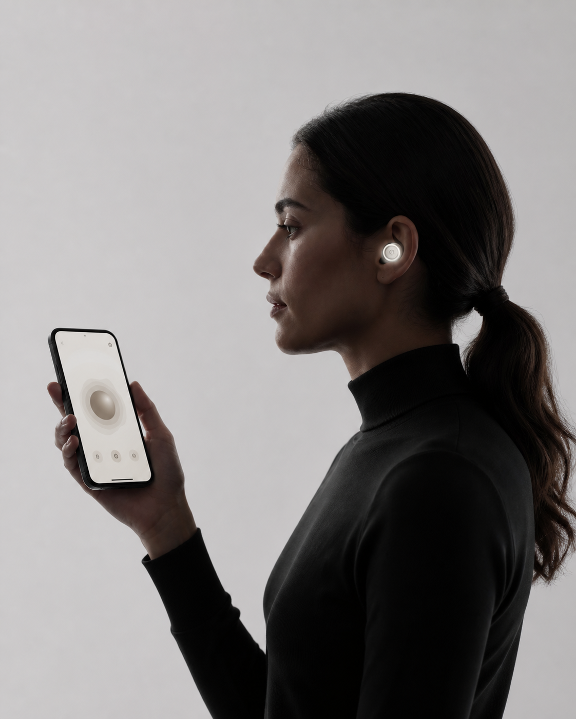 Mujer con Zeno One mientras usa la aplicación complementaria