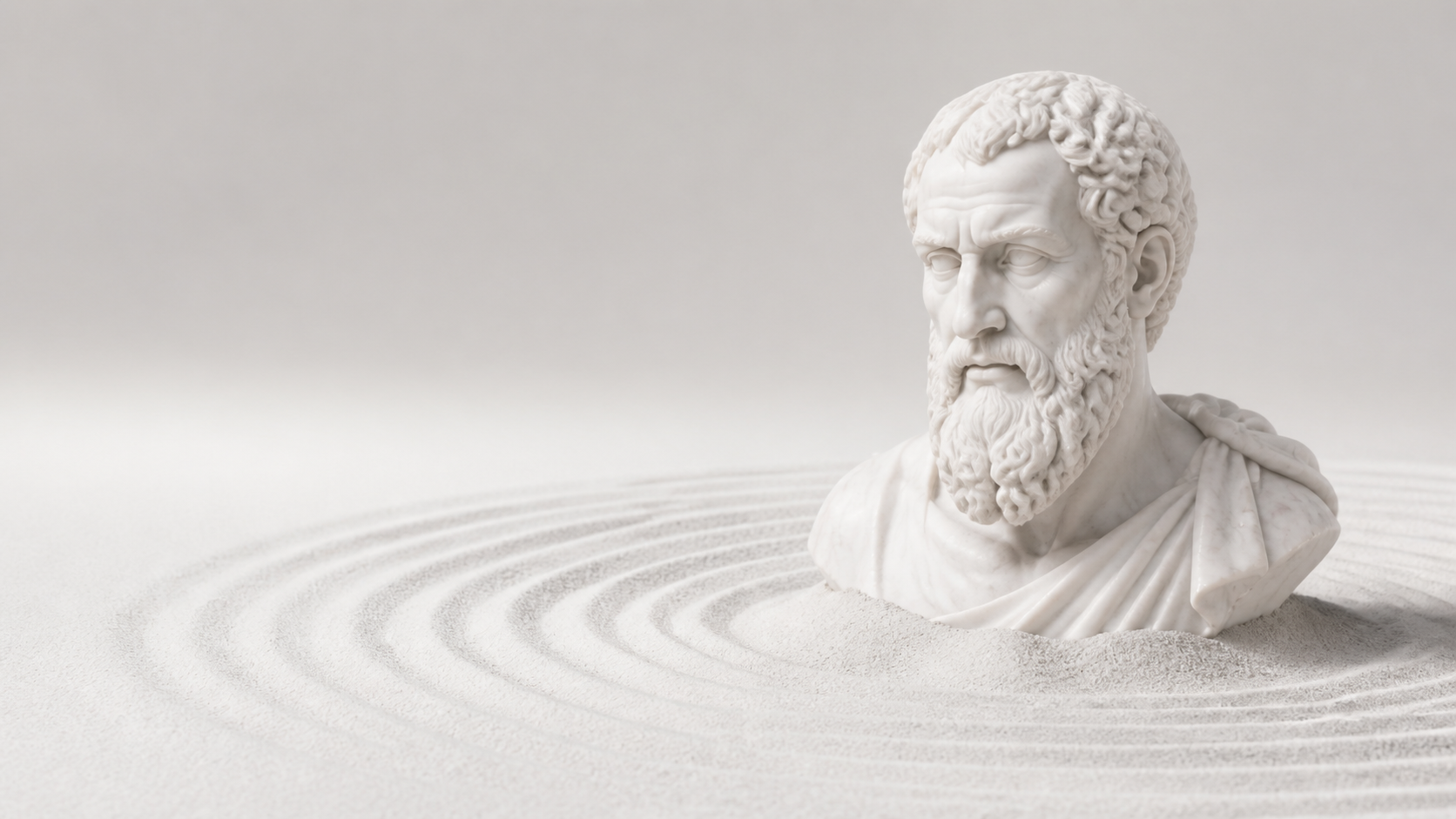 Escultura del filósofo Zenón entre ondas concéntricas de arena